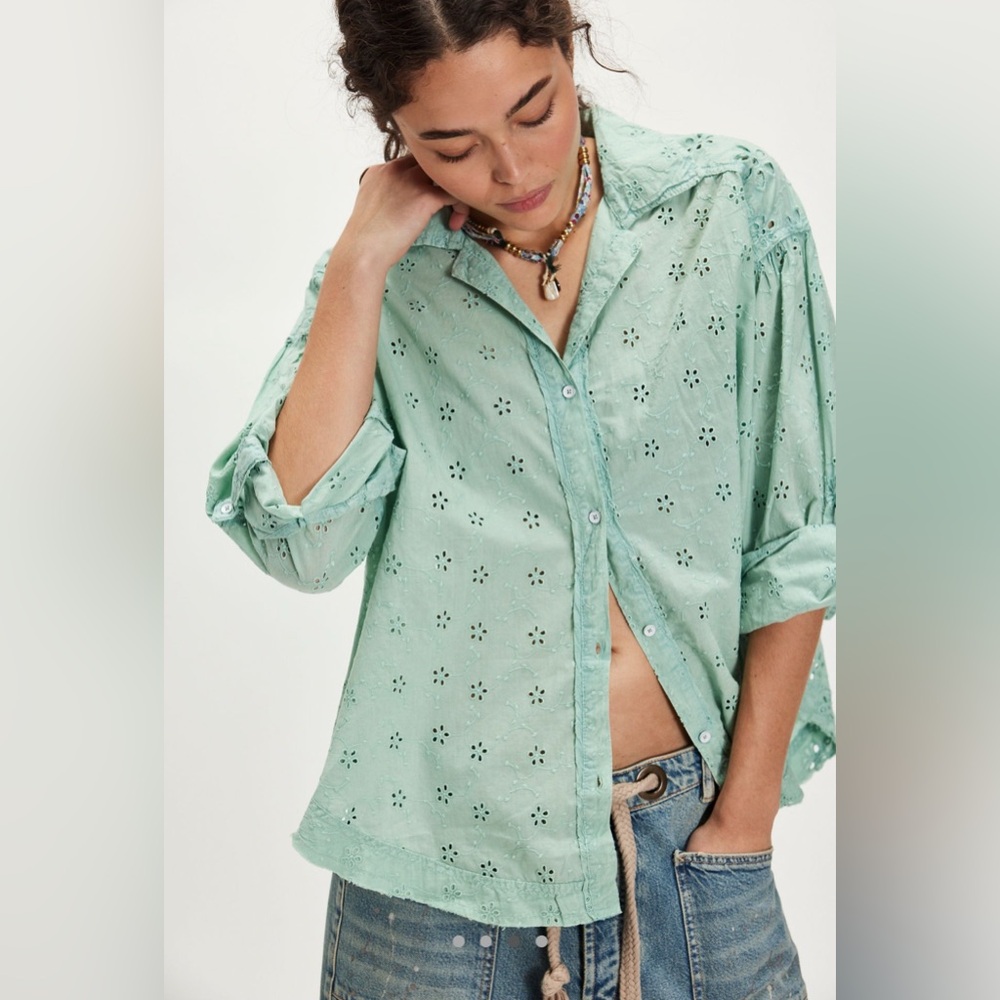 We The Free Mint Eyelet Button-Down Shirt